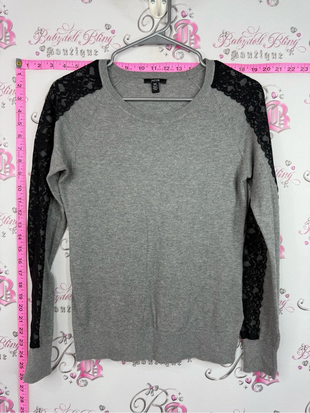 Jacob shirt Gray Sweatshirt with Black Lace Shoulder & Sleeve Insets